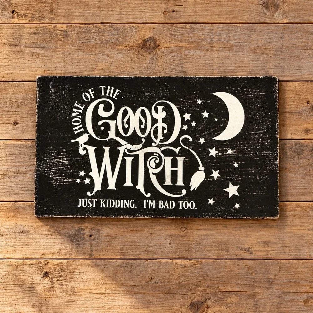 Home of the Good Witch Just Kidding Im Bad Too Distressed Wood Halloween Sign